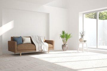 Idea of white minimalist room with sofa. Scandinavian interior design. 3D illustration