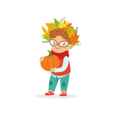 Cute little boy in warm clothing and wreath of leaves on his head holding pumpkin, lovely kid enjoying fall, autumn kids activity vector Illustration