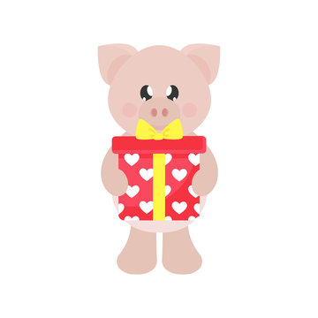 cartoon cute pig with gift