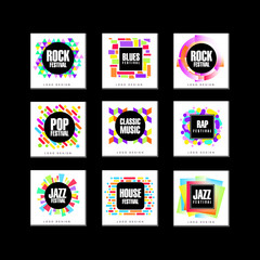 Naklejka premium Music Festival logo set, blues, house, pop, rap, jazz music design element vector Illustrations