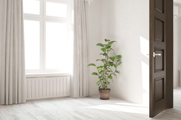 White empty room with open door. Scandinavian interior design. 3D illustration