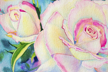 Watercolor painting pink yellow color of roses