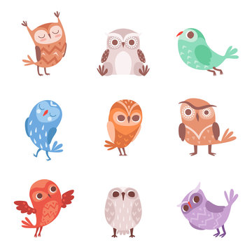 Cute cartoon owls set, lovely colorful owlets vector Illustrations