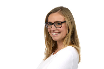 Fototapeta premium Hübsche blonde Frau mit Brille lacht
