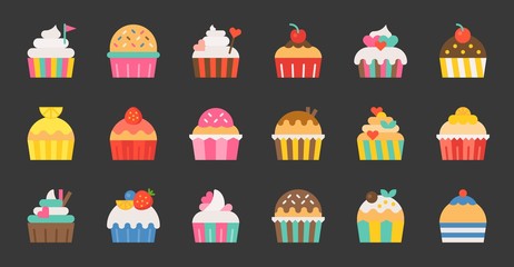 Naklejka premium Set of fancy cup cake, flat design icon