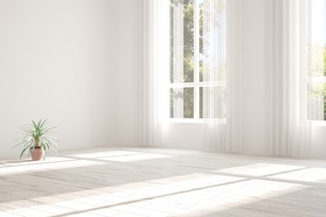 Fototapeta premium White empty room with summer landscape in window. Scandinavian interior design. 3D illustration