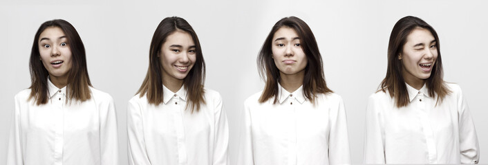 Horizontal shot of young asian woman showing different emotions: neutral, scary, smile, winking,...