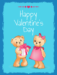 Happy Valentines Day Poster with Two Teddy Bears