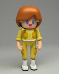3d rendering of hipster  redhead girl in yellow overalls and white boots. Cartoon stylized 3d character illustration. Cute figure in full growth isolated on grey background.