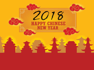 Chinese paper cut style Chinese New Year background, creative flat design greeting card template. firecracker, Flowers and Clouds, Temple pagoda house. China Lantern.