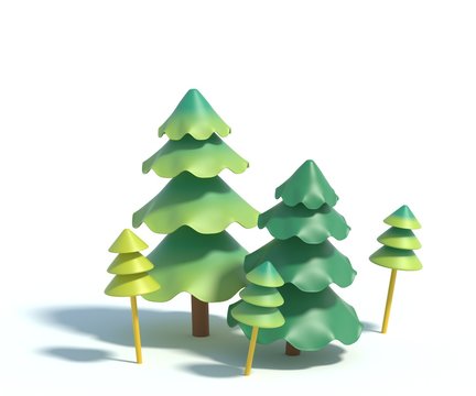 3d rendering of cartoon fir tree.Simple green pine tree with shadow isolated on white background. Set of stylized coniferous.