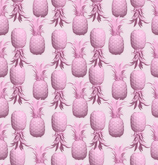 3d rendering of bright tiki style seamless pattern with pineapples. Summer fun background. Trendy poster with vivid colors, pastel pink.