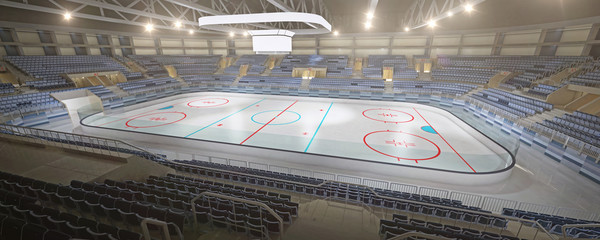 3d hockey stadium with blank cube text space and an empty ice rink sport arena rendering © Dmitry