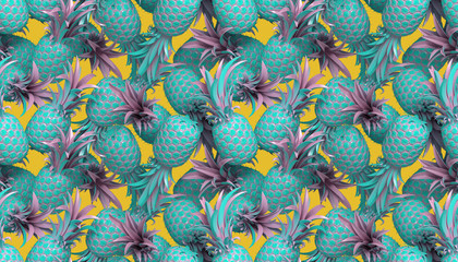 3D-Rendering von hellen Tiki-Stil nahtlose Muster mit Ananas. Sommerspaßhintergrund. Trendiges Poster mit lebendigen Farben, Pastellblau.