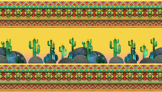 3d Seamless geometric pattern with cactuses.  Colorful mexican theme ornament.