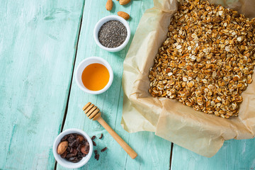 home made granola on turquoise surface