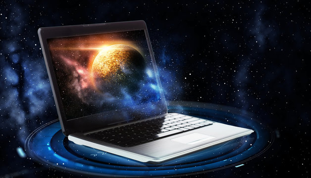 laptop with virtual planet and space hologram - Powered by Adobe