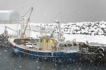 Fototapeta premium Blue fishing boat in the harbour of Keflavik, Iceland during a snowstorm in winter