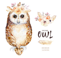 Watercolor owl with flowers and feather. Hand drawn isolated owls illustration with bird in boho style. Nursery printable poster design.