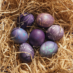 Top view of purple easter eggs in straw nest