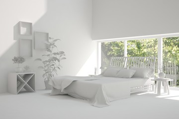 Inspiration of white minimalist  bedroom with summer landscape in window. Scandinavian interior design. 3D illustration