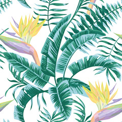 Bird of paradise leaves blue color tropical seamless pattern