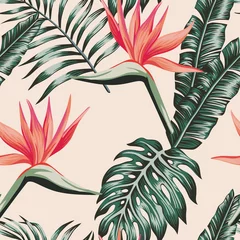 Printed kitchen splashbacks Paradise tropical flower Bird of paradise leaves green color tropical seamless pattern