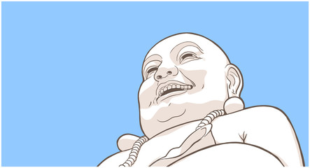 Stylized illustration of Laughing Buddha on blue background