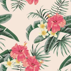 Printed kitchen splashbacks Botanical print Plumeria hibiscus leaves tropical seamless pattern