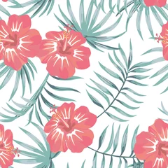 Wallpaper murals Hibiscus Tropical hibiscus and leaves seamless white background