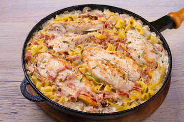 Obraz na płótnie Canvas Chicken breasts with creamy bacon and mushroom pasta