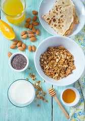 breakfast with home made granola and pancakes on turquoise surface