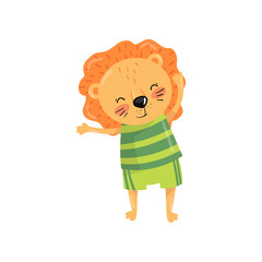 Funny lion with orange mane dressed in sportswear green striped t-shirt and shorts. Cartoon wild animal character doing morning exercises. Colorful flat vector design