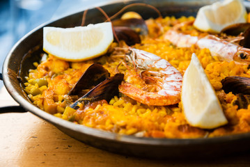 Prawn with rice - closeup of prawn with rice - traditionnal spanish food paella