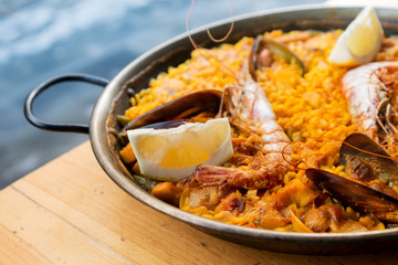 Prawn with rice - closeup of prawn with rice - traditionnal spanish food paella