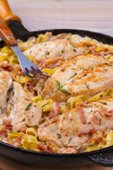 Chicken breasts with creamy bacon and mushroom pasta