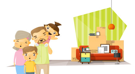 Moving home concept background with happy family and furniture in new living room , vector , illustration