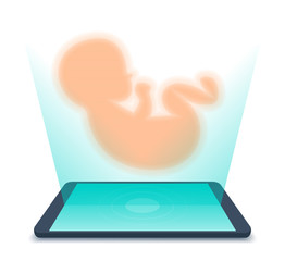 Tablet PC and hologram of human fetus above the screen. Flat vector illustration of unborn baby's ultrasound virtual image. Science, telemedicine, tele, remote medicine, pregnancy, telehealth concept.