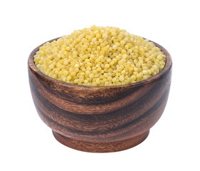 Israeli couscous. Ptitim in wooden bowl isolated on white background