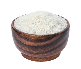 Jasmine rice in wooden bowl isolated on white background