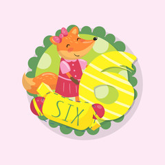 Funny children education card. Cartoon fox character and number 6 six . Colorful round emblem. Flat vector design for birthday postcard, math book or sticker