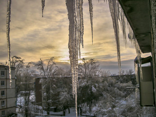 large icicles on the roof against the winter courtyard with snow-covered trees on the background of crimson evening sunset with clouds during the February thaw.