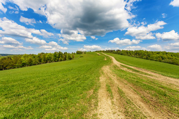 Blue cloudy sky over green hills and country road