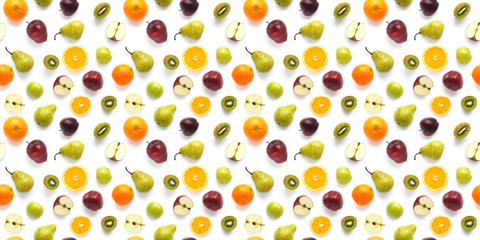 Food texture. Seamless pattern of fresh  various fruits. Pears, red and green apples, slices of tangerines, oranges, kiwi, isolated on white background, top view, flat layout.