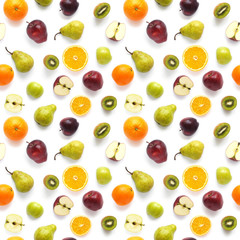 Food texture. Seamless pattern of fresh  various fruits. Pears, red and green apples, slices of tangerines, oranges, kiwi, isolated on white background, top view, flat layout.