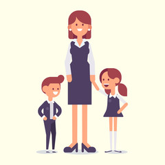 Obraz na płótnie Canvas Female Teacher with kids. Fat vector illustration. Cartoon characters.