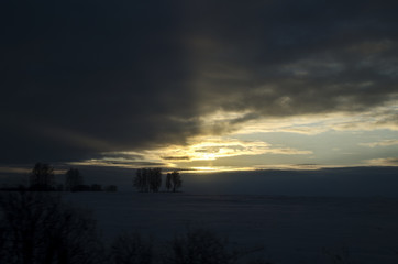 Dawn in the winter. The sun rises.