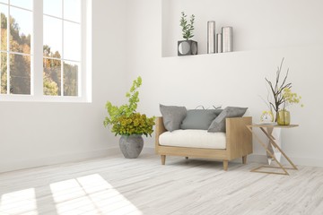 Inspiration of white minimalist room with armchair. Scandinavian interior design. 3D illustration