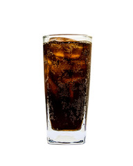 Cola in glass with ice cubes and drop water isolated on white background