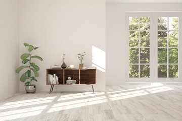 White empty room with shelf and summer landscape in window. Scandinavian interior design. 3D illustration